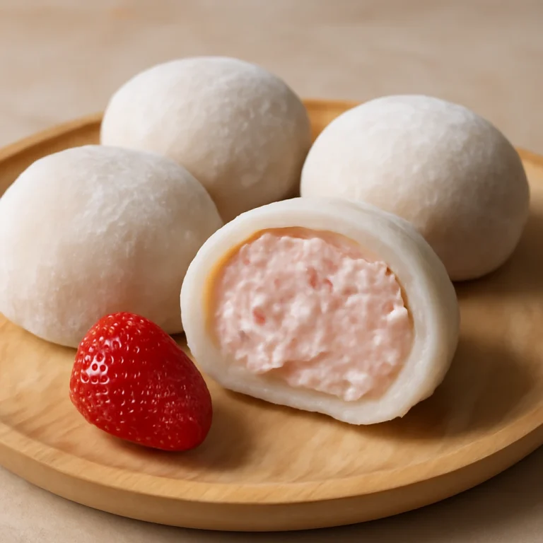 Mochi eperkrémmel, japán desszert, finom rizsliszt tésztával és friss eperkrémmel