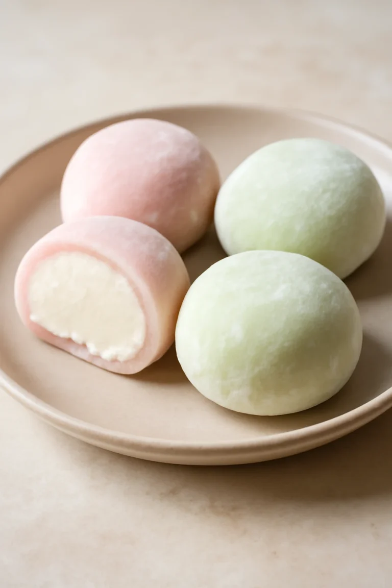 Mochi fagylalmmal, frissen formázva, a közepén fagylalttal