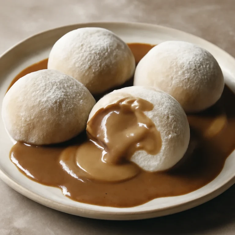 Mochi kávékrémmel, rizsliszttel és kávékrém öntettel