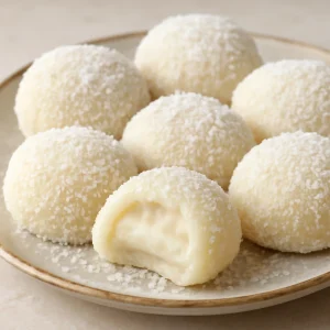 Japán mochi golyók kókuszkrémmel, frissen tálalva