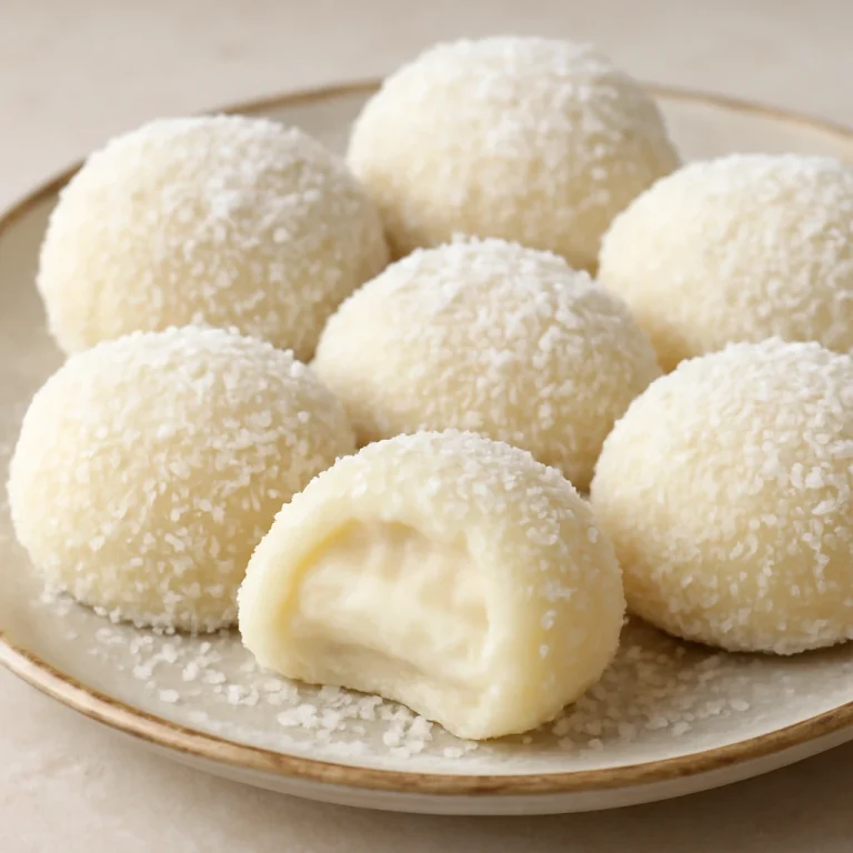 Mochi golyók kókuszkrémmel töltve, kókuszreszelékkel borítva