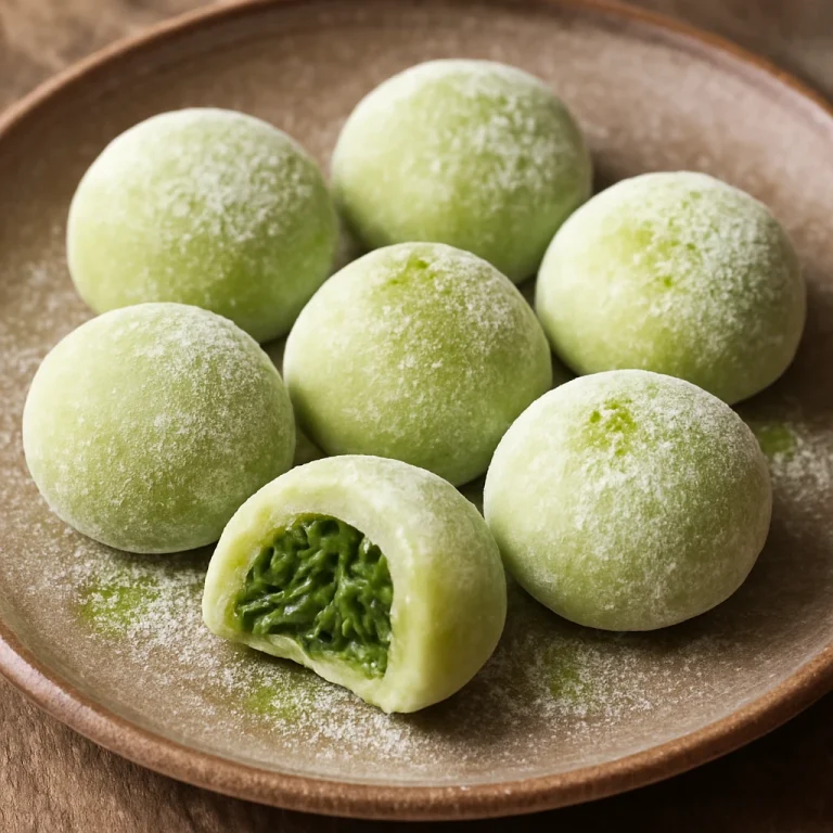 Mochi zöld teával, friss zöld tea ízzel és gluténmentes tésztával