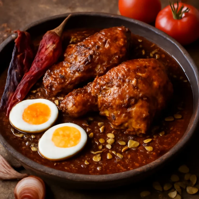 Mole Michoacano csirkehússal tálalva, gazdag fűszerekkel