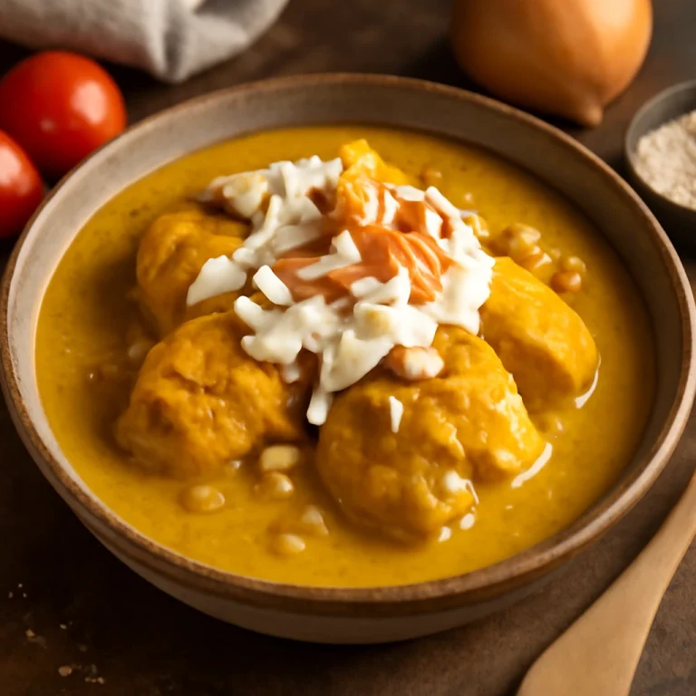 Mole amarillo tálalva csirkehússal, tejföllel és mandulával