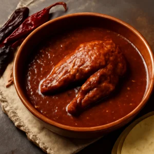 Fűszeres mole rojo csirkehússal tálalva