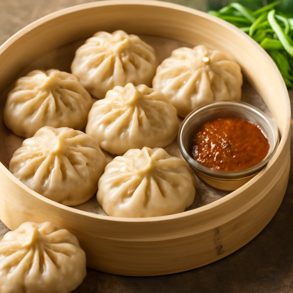 Gőzölt momo sertéshússal, friss töltelékkel és szezámmaggal