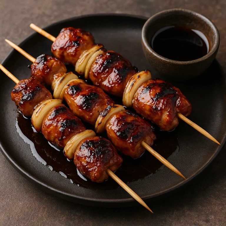 Momo yakitori – grillezett csirkecomb nyársakon, mázas szójaszószban tálalva