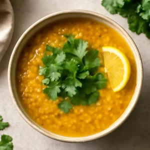 Finom és fűszeres Moong dal soup, korianderrel tálalva