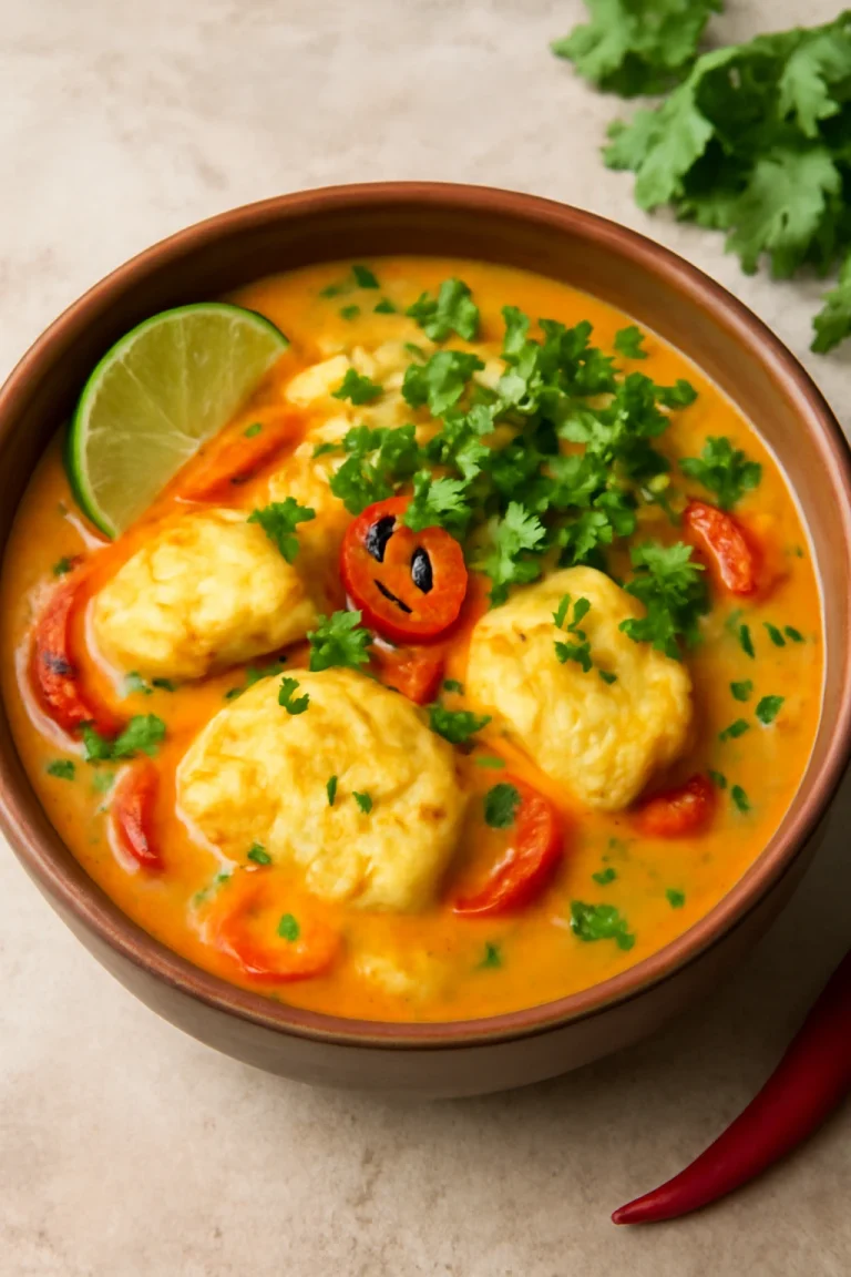 Moqueca Baiana, gazdag kókusztejes hal étel tálalva friss korianderrel