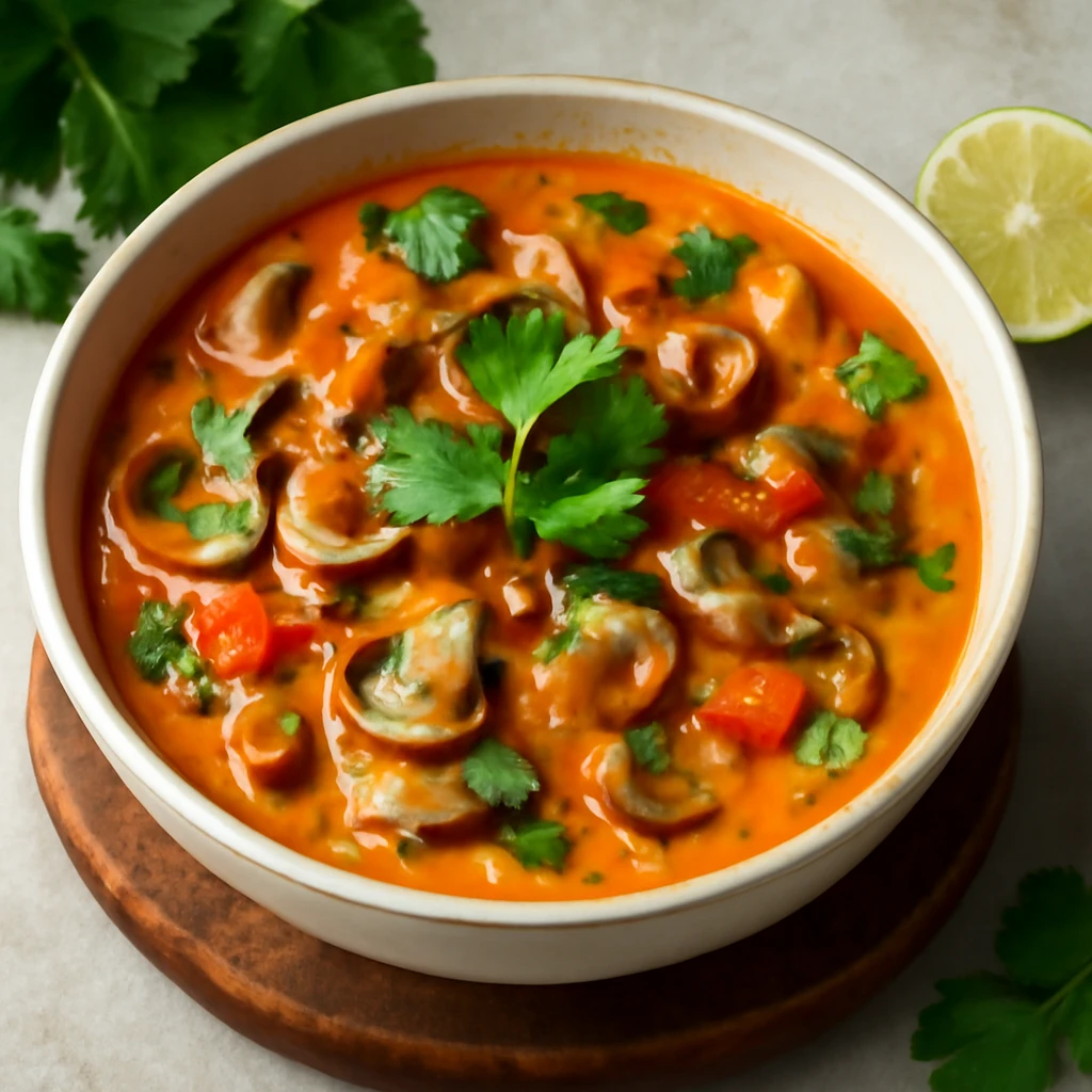Ínycsiklandó Moqueca gombával, kókusztejjel és friss korianderrel