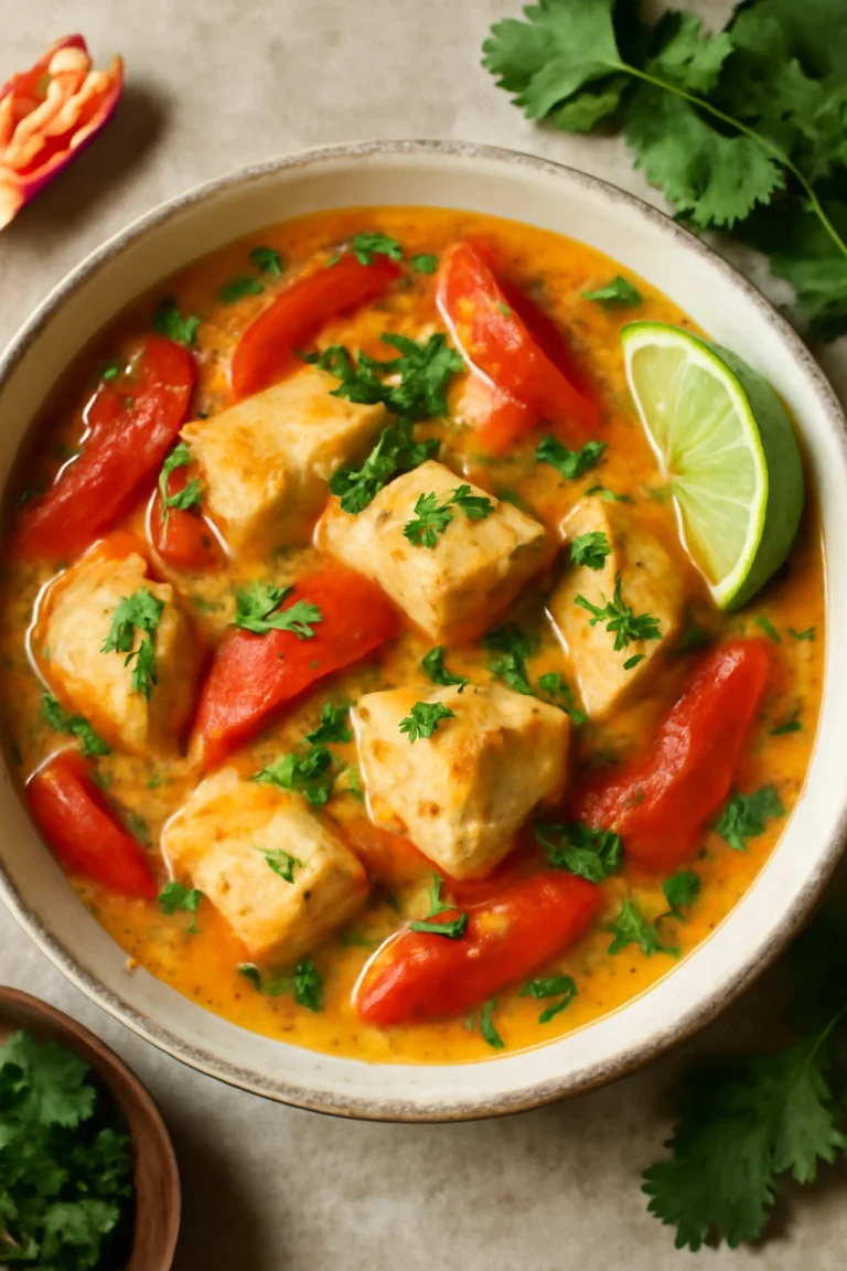 Moqueca paradicsommal, kókusztejjel és haldarabokkal tálalva, friss korianderrel