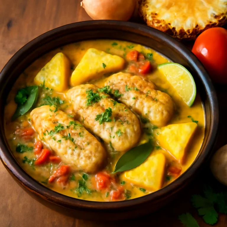 Moqueca tálalva ananásszal, halakkal és kókusztejjel