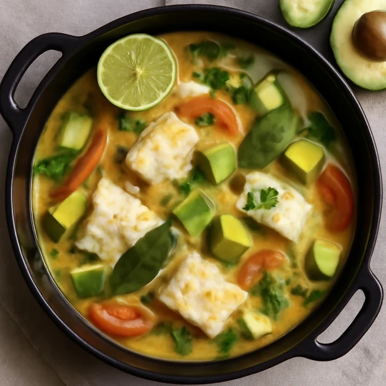 Moqueca tálalva avokádóval, halakkal és kókusztejjel