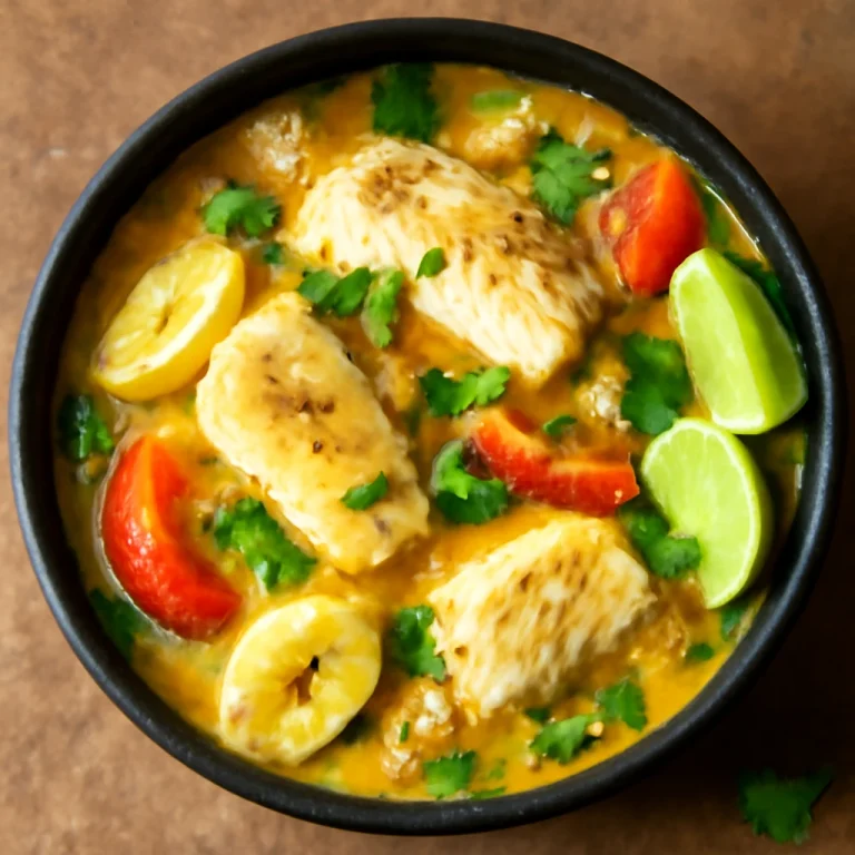 Moqueca tálalva banánnal, halakkal és kókusztejjel