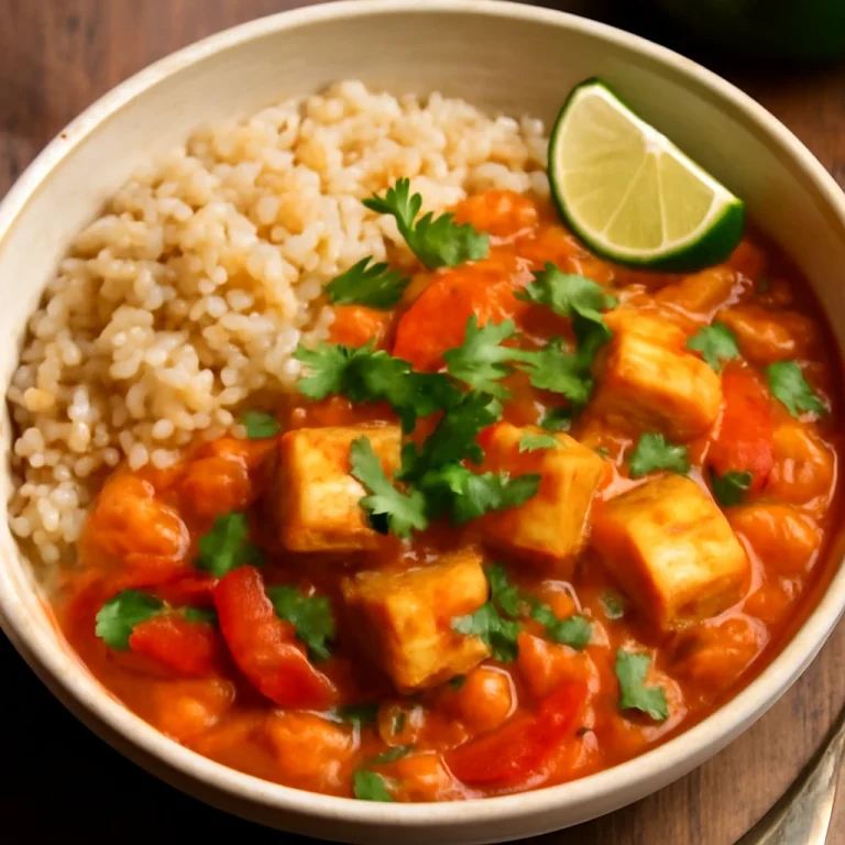 Moqueca barna rizzsel, tofuval és friss korianderrel tálalva