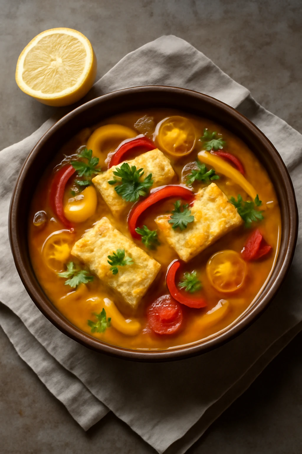 Brazil moqueca, egy gazdag halas étel kókusztejjel és friss zöldségekkel