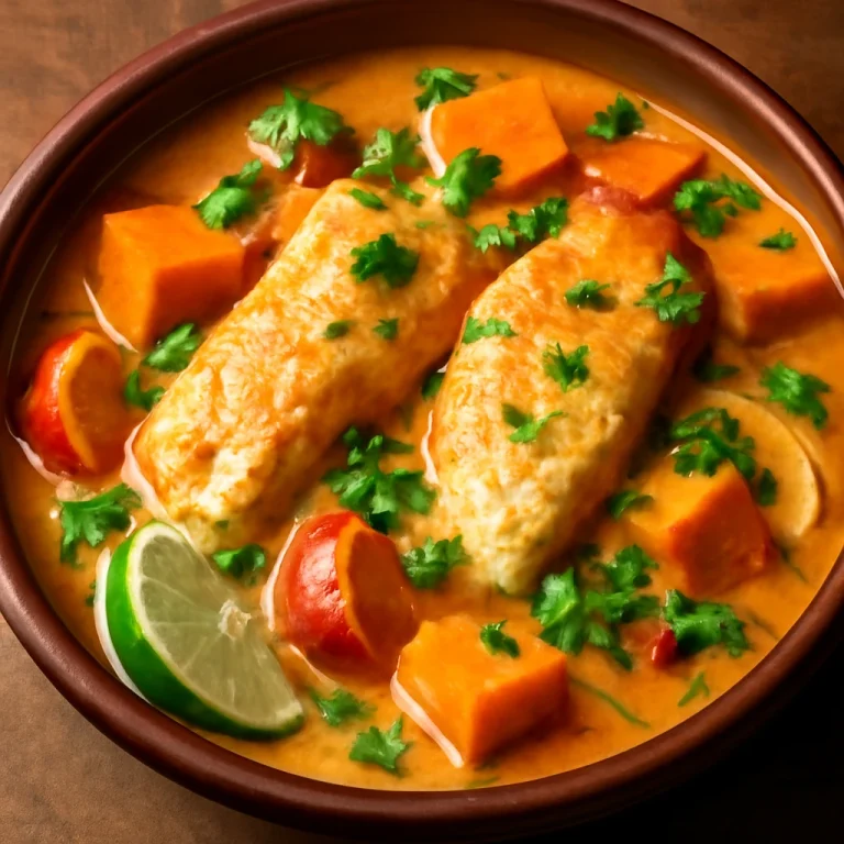 Moqueca tálalva édesburgonyával, halakkal és kókusztejjel
