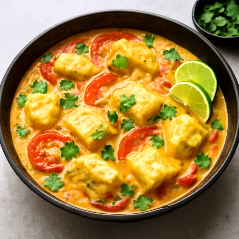 Moqueca fokhagymával tálalva, friss korianderrel és lime szeletekkel