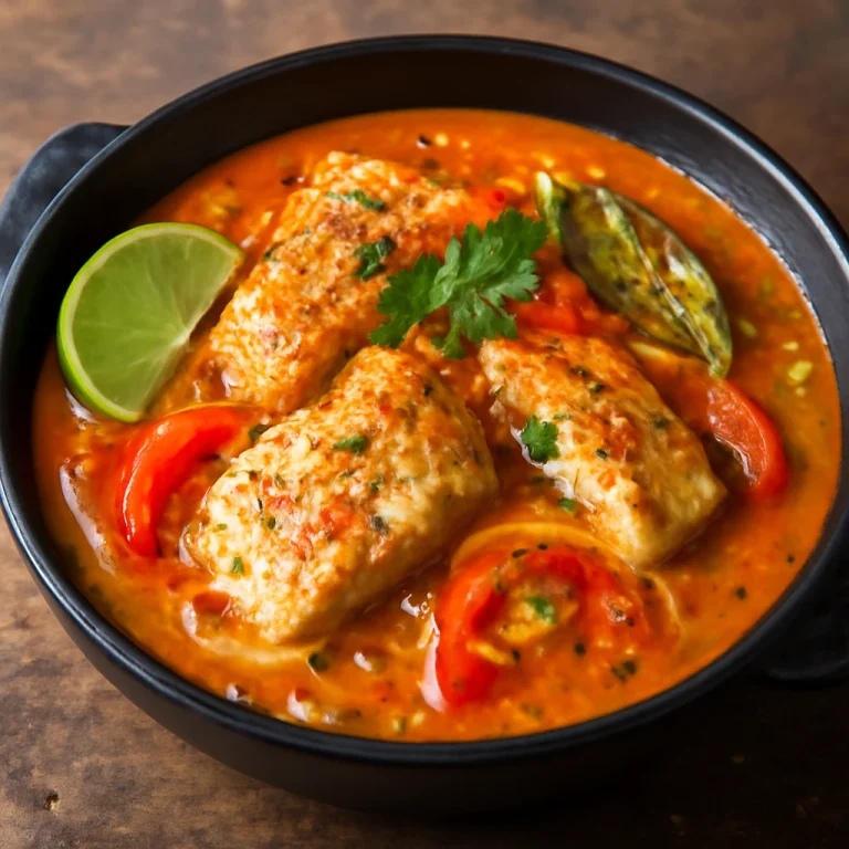Moqueca tálalva fűszeres szósszal, halakkal és kókusztejjel