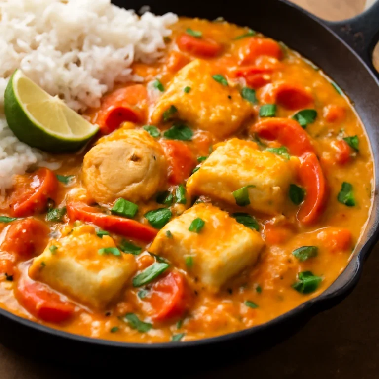 Moqueca gazdag szósszal, hal és zöldségek kókusztejjel