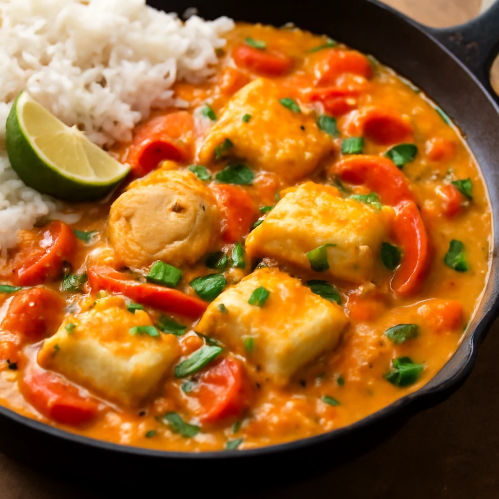 Brazíl moqueca gazdag szósszal és haldarabokkal