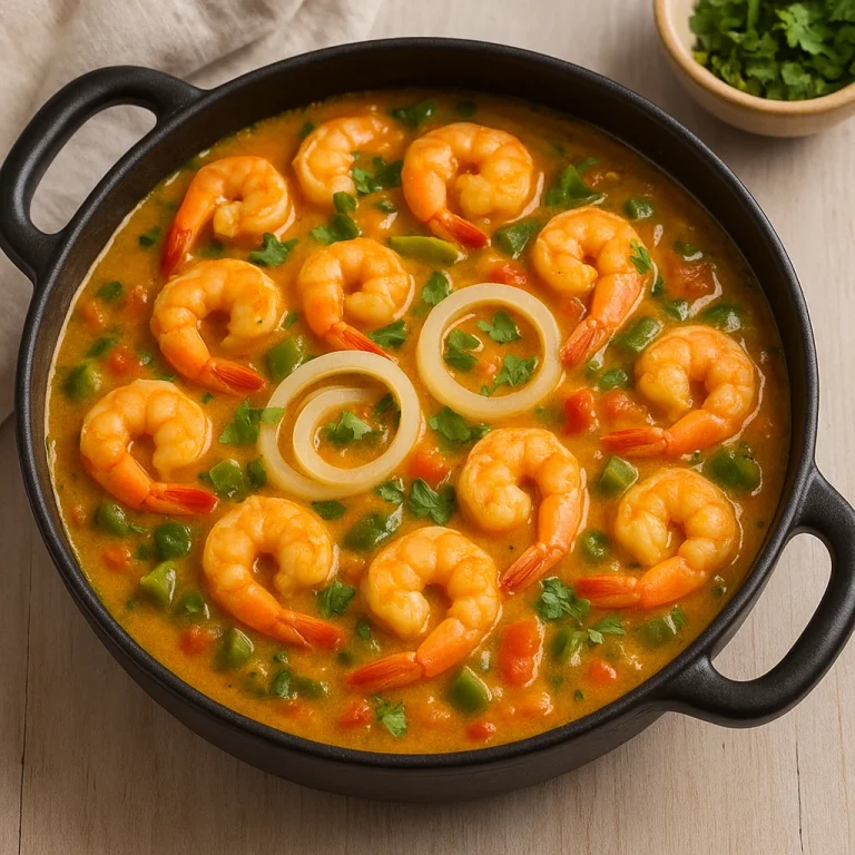 Moqueca rákokkal, hagymakarikákkal és zöldségekkel, tálalva fekete serpenyőben