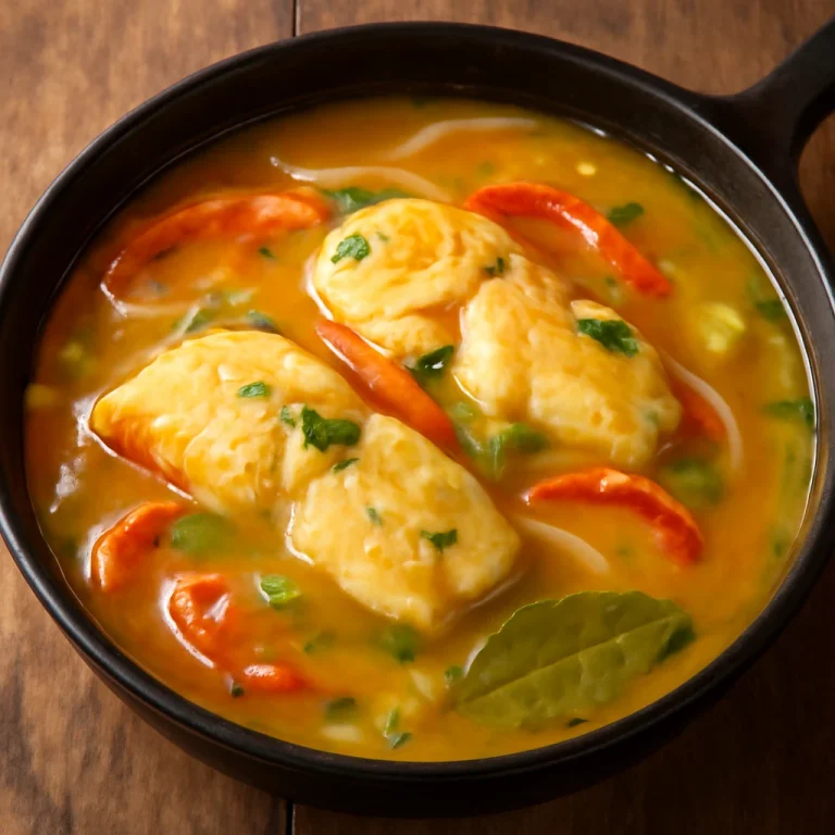 Moqueca tálalva híg szósszal, halakkal és kókusztejjel