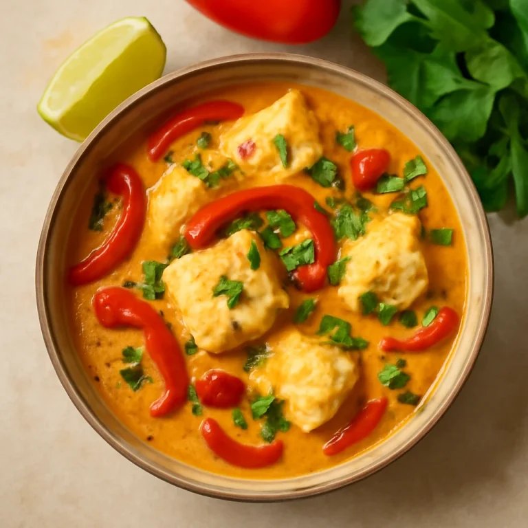 Moqueca klasszikus, hal, kókusztej és zöldségekkel tálalva