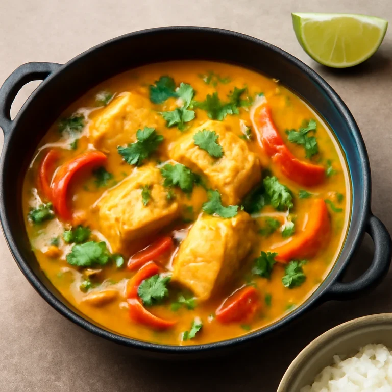 Moqueca korianderrel, gazdag halas curry kókusztejjel, korianderrel és lime-mal