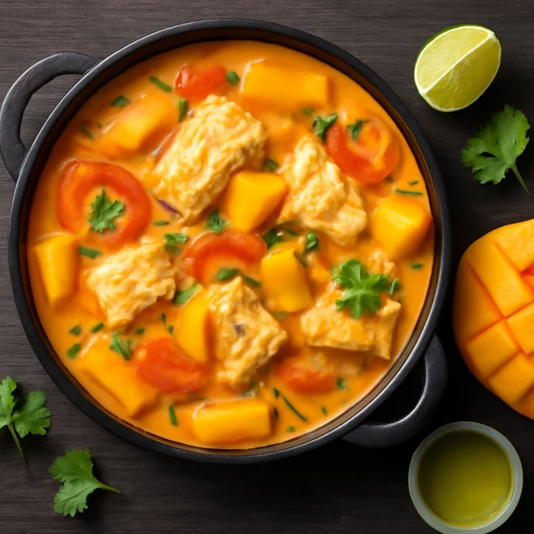Moqueca tálalva mangóval, halakkal és kókusztejjel
