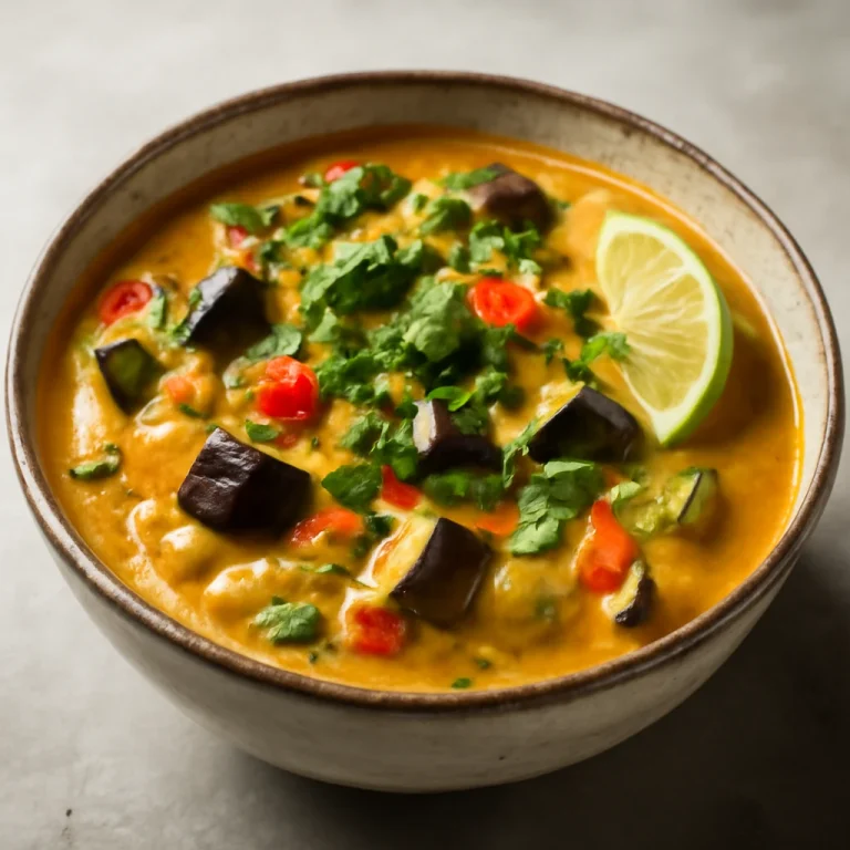 Moqueca padlizsánnal, kókusztejjel és friss korianderrel díszítve