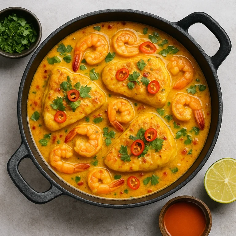 Moqueca pálmaolajjal, hal és rák gazdag kókusztejes mártásban, korianderrel megszórva