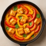 Moqueca haldarabokkal, piros és sárga paprikával, kókusztejes szószban tálalva