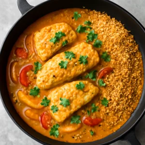 Finom halas Moqueca, pirított maniókaliszttel és friss korianderrel