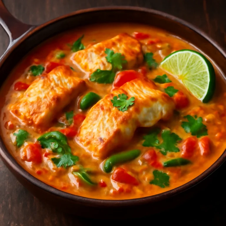 Moqueca hal étel, sűrű szósszal és friss korianderrel tálalva
