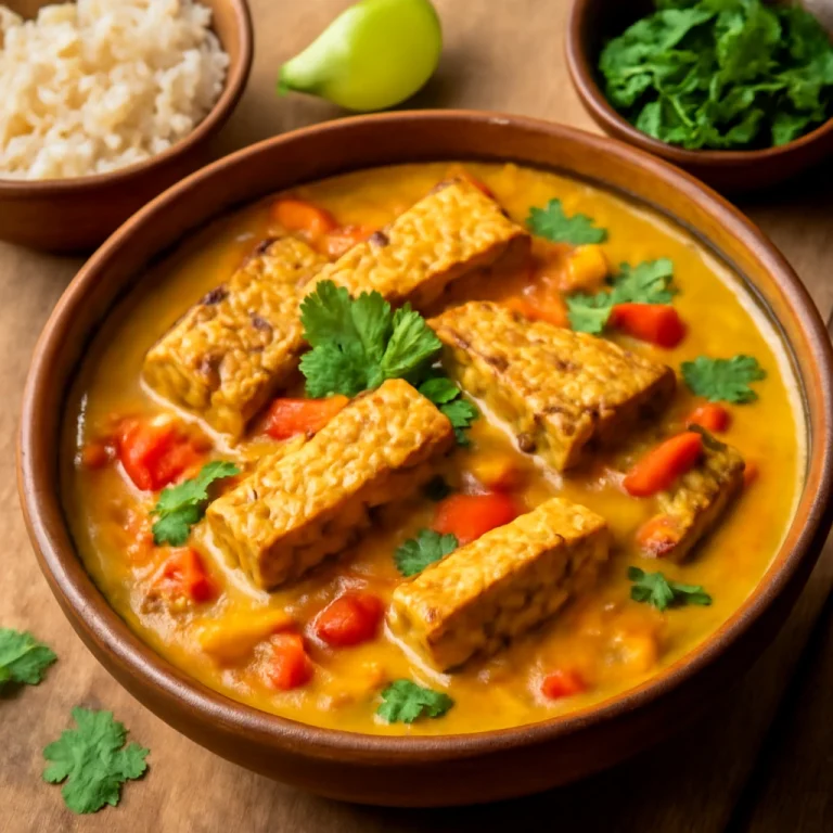 Moqueca tálalva tempeh-vel, halakkal és kókusztejjel