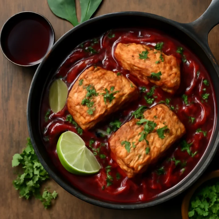 Moqueca tálalva, hal szeletekkel és vörösborral