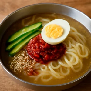 Friss japán Morioka Reimen tészta pirospaprika pasztával és friss zöldségekkel