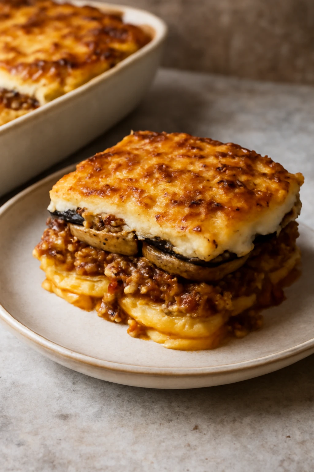 Görög moussaka burgonyával és gazdag szósszal