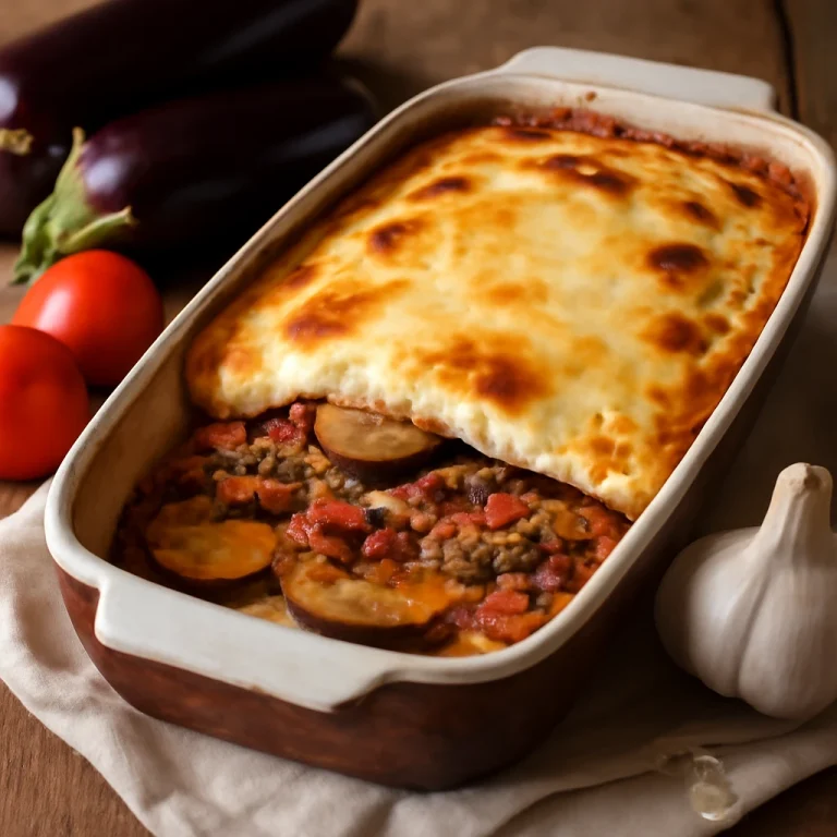 Moussaka fokhagymával, padlizsánnal és darált hússal rétegezve