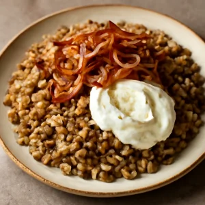 Fűszeres bulgur és lencse joghurttal tálalva