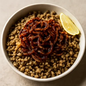 Fűszeres bulgur és lencse pörkölt hagymával