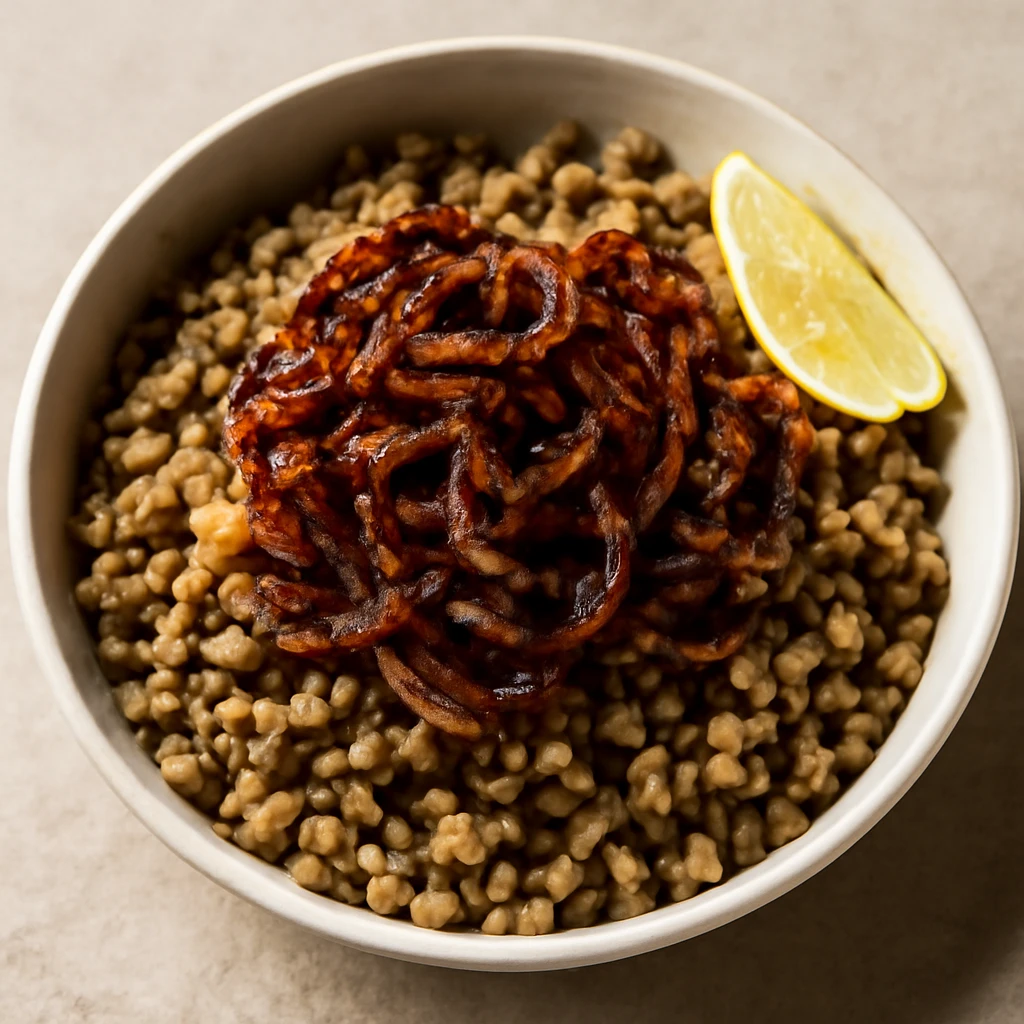 FÅ±szeres bulgur Ã©s lencse pÃ¶rkÃ¶lt hagymÃ¡val