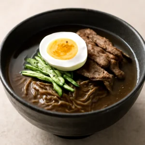 Koreai hideg leves naengmyeon tésztával, marhahússal és tojással