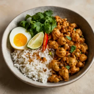 Friss indonéz nasi campur csirkehússal és korianderrel