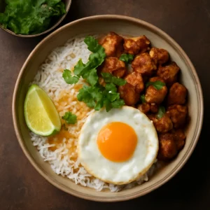 Fűszeres nasi campur pörkölt sertéshússal, kókusztejjel és lime-mal