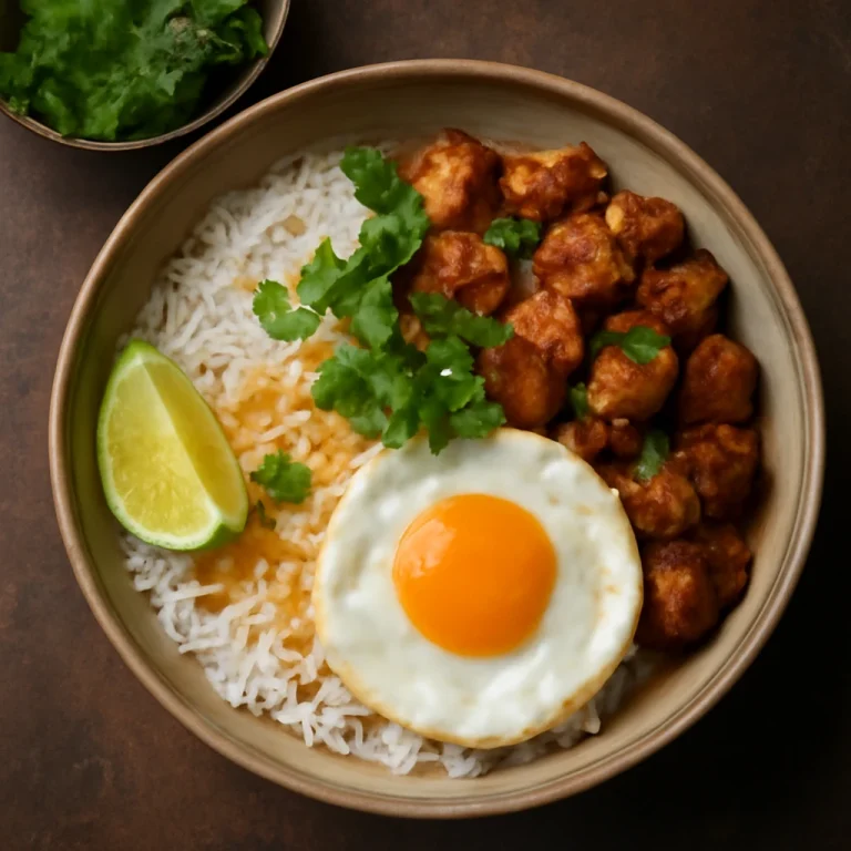Nasi Campur sertéshússal, gazdag pörkölt rizses étel friss korianderrel és lime-mal díszítve