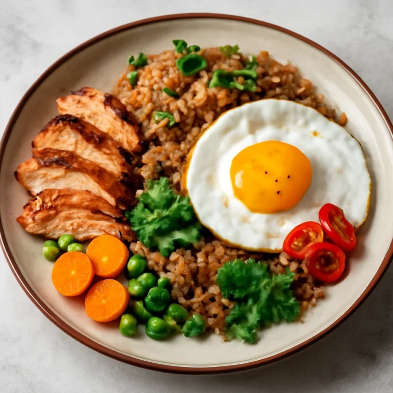 Nasi Campur tojással, sült csirkével és friss zöldségekkel tálalva
