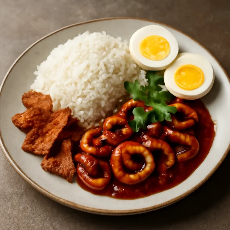 Nasi lemak sambal tintahallal, sült kacsa bőrrel és főtt tojással tálalva