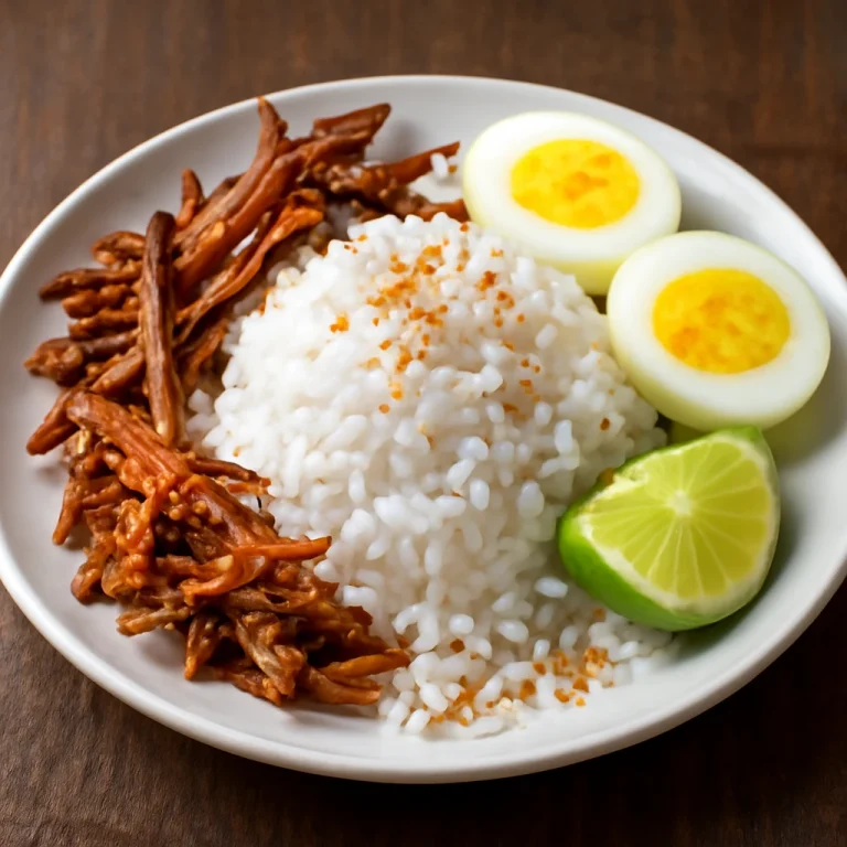 Nasi lemak sült szardellával tálalva, kókusztejes rizs, sült szardella és tojás